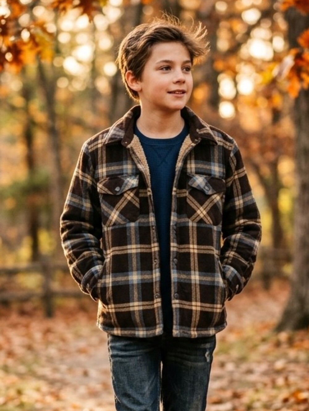 Sherpa-Lined Plaid Kids Jacket - Blue, Brown & Cream